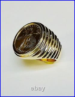 22K FINE GOLD 1/4 OZ LADY LIBERTY COIN in Heavy 14k Solid Yellow Gold Ring