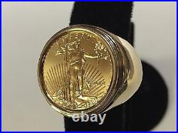 22K FINE GOLD 1/4 OZ US LIBERTY COIN in Heavy 14k Solid Yellow Gold Ring 25 MM