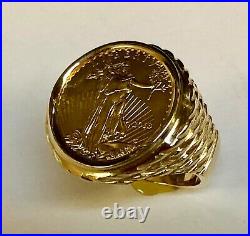 22K FINE GOLD 1/4oz US LIBERTY COIN IN 14 KT SOLID YELLOW GOLD MENS RING 25MM