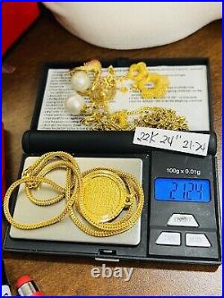 22K Solid 916 Real Gold Unisex Mens Women's Coin Necklace 24 Long 21.2g 3mm