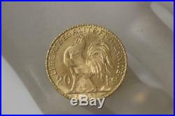 22K Solid Gold 1907 France Coin 20 Francs French Rooster AU Rare Collectible