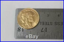 22K Solid Gold 1911 France Coin 20 Francs French Rooster AU Rare Collectible