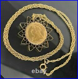 22K gold 1900 Full Sovereign Coin Pendant ON 9K Solid Gold Chain Necklace