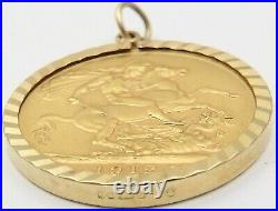 22ct solid gold 1912 British King George V full sovereign in 9ct pendant