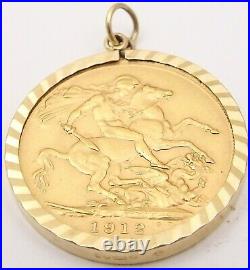 22ct solid gold 1912 British King George V full sovereign in 9ct pendant