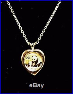 24K CHINESE PANDA BEAR COIN IN 14K Solid Yellow Gold Heart Coin Charm Pendant