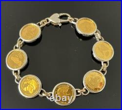 24K Solid Yellow Gold (7) Animal Cook Island Coins Bracelet 14K / SS Links 7.5
