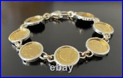 24K Solid Yellow Gold (7) Animal Cook Island Coins Bracelet 14K / SS Links 7.5