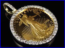 24K Solid Yellow Gold Coin Lady Liberty Half Ounce Diamond Pendant Charm 2.0ct