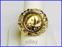 24 Kt Chinese Panda Bear Coin In 14 Kt Solid Yellow Gold Nugget Coin Ring