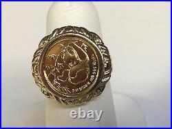 24 Kt Chinese Panda Bear Coin Set In 14 Kt Solid Yellow Gold 20 MM Coin Ring