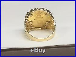 24 Kt Chinese Panda Bear Coin Set In 14 Kt Solid Yellow Gold Nugget Coin Ring
