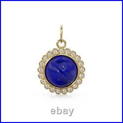 26mm 14K Solid Gold Diamond Lapis Lazuli Coin Pendant Charm Jewelry Finding
