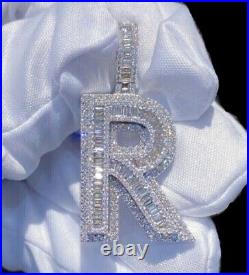 2Ct Lab Created Diamond Men's R Initial Pendant 14K White Gold Plated Silver