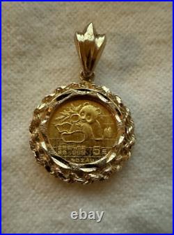 5 Yuan 1989 Solid. 999 1/20 Oz Gold Coin & 14k Gold Rope Bezel Pendant For Chain