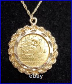 5 Yuan 1989 solid. 999 1/20 OZ panda coin & Gold Rope Bezel Pendant 20 CHAIN