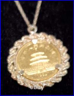 5 Yuan 1989 solid. 999 1/20 OZ panda coin & Gold Rope Bezel Pendant 20 CHAIN