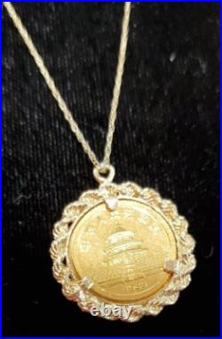 5 Yuan 1989 solid. 999 1/20 OZ panda coin & Gold Rope Bezel Pendant 20 CHAIN