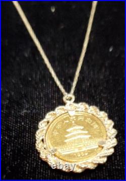 5 Yuan 1989 solid. 999 1/20 OZ panda coin & Gold Rope Bezel Pendant 20 CHAIN