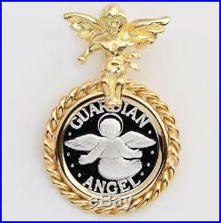 999 PURE SILVER Guardian Angel Coin (14mm) in Solid 14kt Gold Angel Pendant