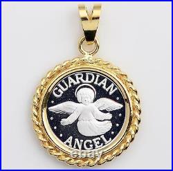 999 PURE SILVER Guardian Angel Coin (14mm) in Solid 14kt Gold Ropel Pendant