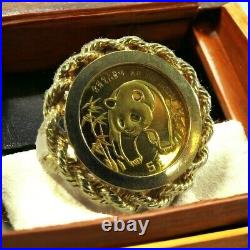 999 Panda 5 Yuan 1/20 OZ Solid Gold Coin in 12K Rope Bezel Ring Size 7.75 #R650