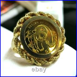 999 Panda 5 Yuan 1/20 OZ Solid Gold Coin in 12K Rope Bezel Ring Size 7.75 #R650