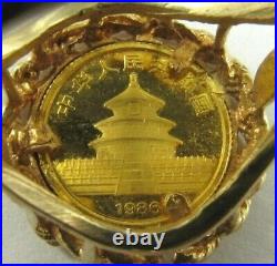 999 Panda 5 Yuan 1/20 OZ Solid Gold Coin in 12K Rope Bezel Ring Size 7.75 #R650