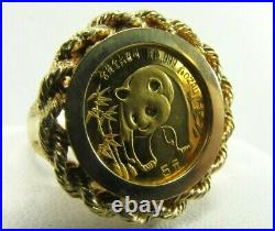 999 Panda 5 Yuan 1/20 OZ Solid Gold Coin in 12K Rope Bezel Ring Size 7.75 #R650