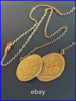 9ct Yellow Gold Two Coin Necklace Solid 8g Double UK Hallmark 375 Sovereign