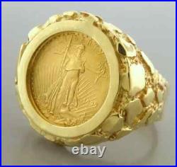 American Liberty Coin Nugget Men's Ring Solid 925 Silver 14K Yellow Gold Plated