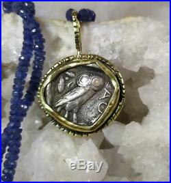 Ancient Greek Coin Pendant Silver Rare 18K Solid Gold Athena 353-294 BC Owl Blue
