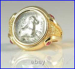 Ancient Greek Silver Horse Coin 480-400 B. C. In Solid 18KT Gold Ring withRubies