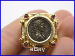 Ancient Roman Coin Ring, 14K Gold, Rubies and Diamonds
