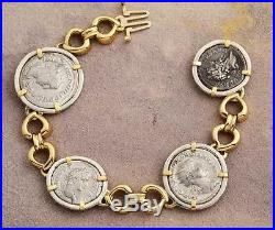 Ancient Roman Four Coin Bracelet Silver Denarius in 14kt Solid Gold & S/S