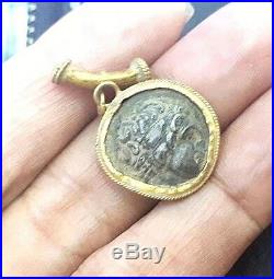 Ancient Sterling Silver King Alexander Coin K On Chariot Solid 18K Gold Pendant