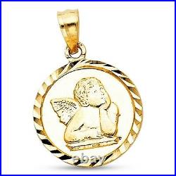 Angel Coin Pendant 14k Yellow Gold Solid Round Medallion Charm Christian Design