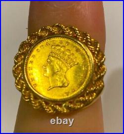 Antique 14k Gold $1 Type 3 Indian Princess Coin Rope Ring Size 7