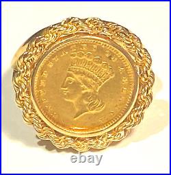 Antique 14k Gold $1 Type 3 Indian Princess Coin Rope Ring Size 7