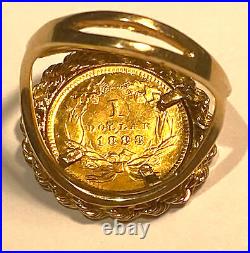 Antique 14k Gold $1 Type 3 Indian Princess Coin Rope Ring Size 7