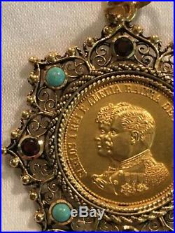 Antique Portugal Pendant 15K Solid Gold Bezel with 22K Plated Sterling Coin