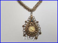 Antique VICTORIAN SILVER FILIGREE Mercury Gilt Gilded Coin Holder with Gold coin