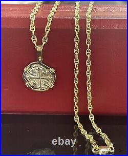 Atocha Coin Pendant In 14k Gold Bezel With 14k Solid Gold Anchor Chain 18 2mm