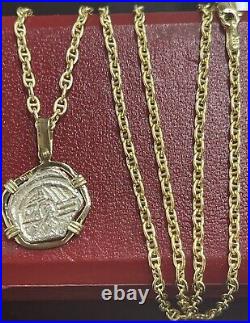 Atocha Coin Pendant In 14k Gold Bezel With 14k Solid Gold Anchor Chain 18 2mm