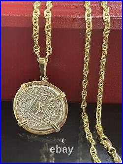 Atocha Coin Pendant In 14k Gold Bezel With 14k Solid Gold Anchor Chain 22 3 mm