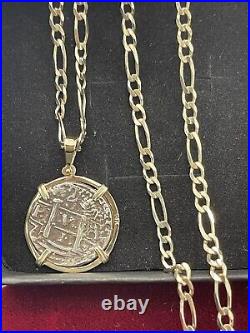 Atocha Shipwreck Coin Pendant In 14k Gold Bezel With 925 Solid Silver Chain 18