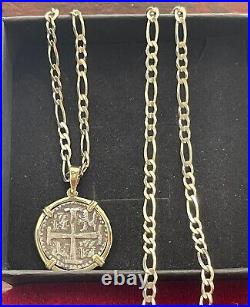 Atocha Shipwreck Coin Pendant In 14k Gold Bezel With 925 Solid Silver Chain 18