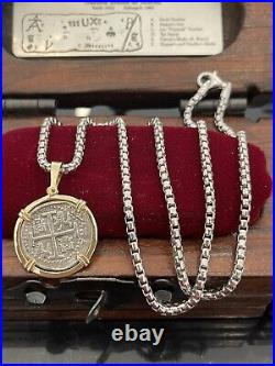 Atocha Shipwreck Coin Pendant In 14k Gold Bezel With 925 Solid Silver Chain 22