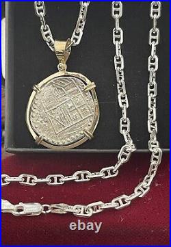 Atocha Shipwreck Coin Pendant In 14k Gold Bezel With 925 Solid Silver Chain 24