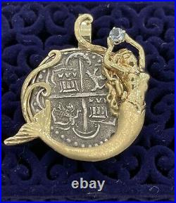 Atocha Shipwreck Coin Pendant In 14kt Solid Gold Mermaid bezel With Aquamarine